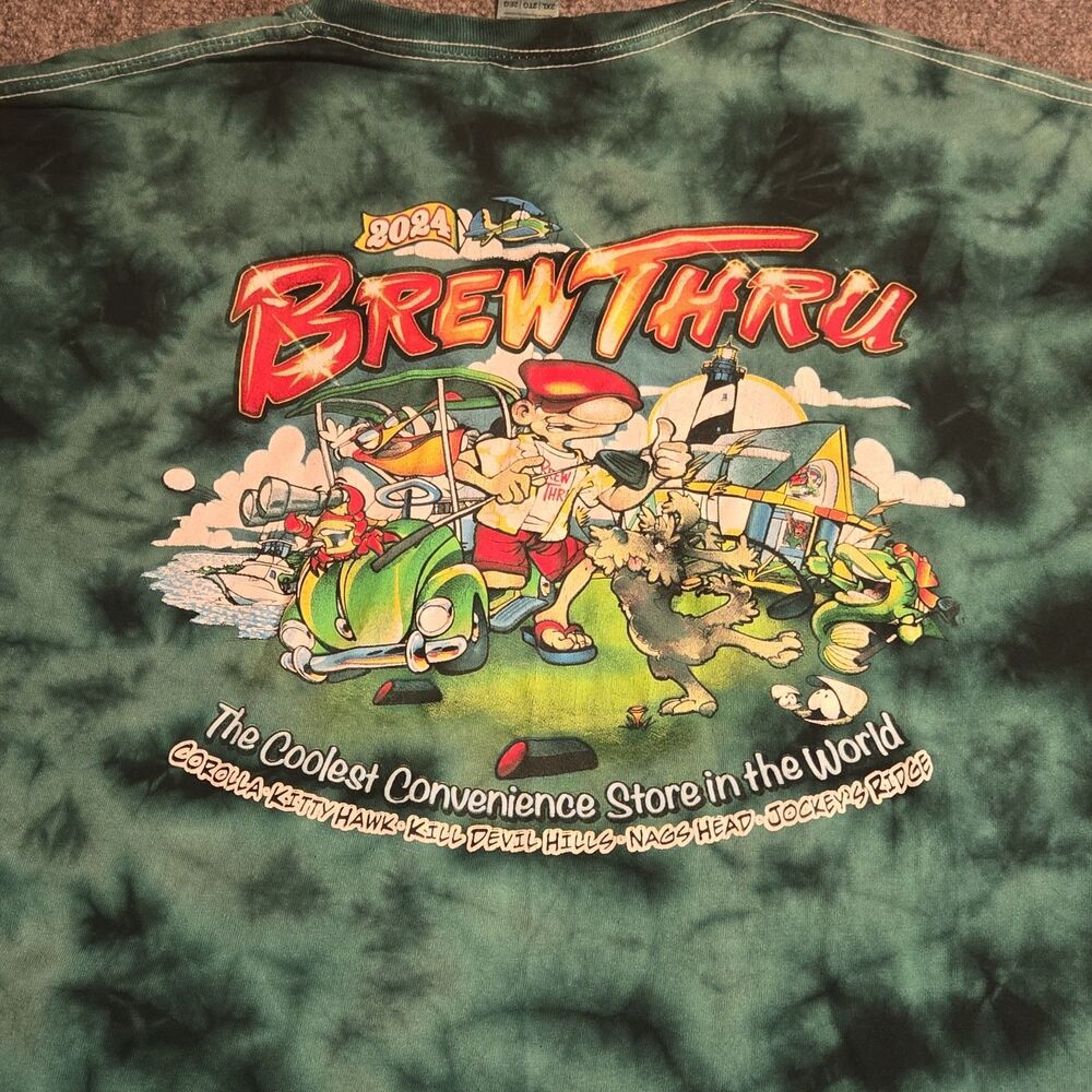 2024 Brew Thru Graphic T-Shirt Mens Size 2XL Green Short Sleeve Pullover Casual